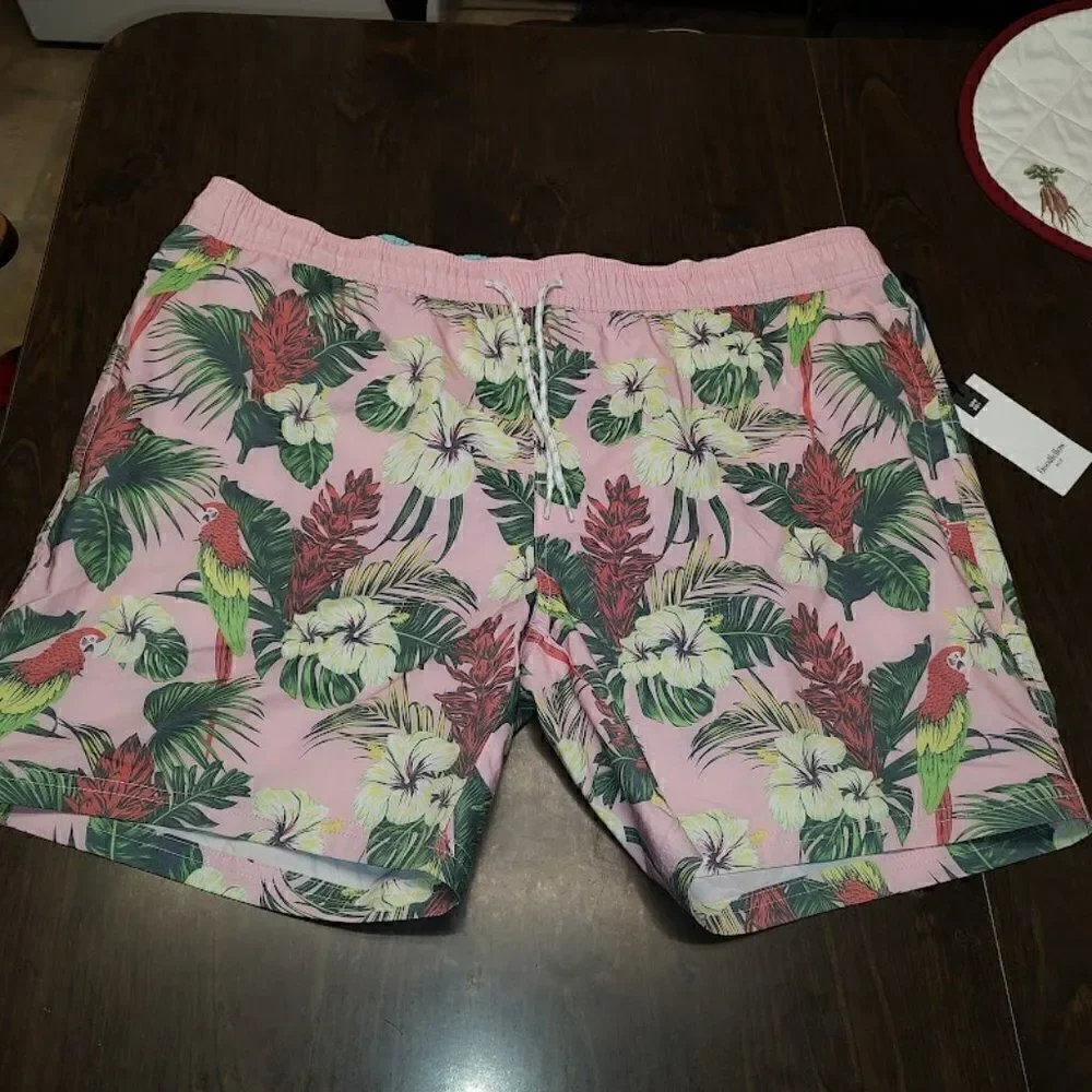 New Goodfellow Pink Parrots Flowered Swim Trunks Men's XL